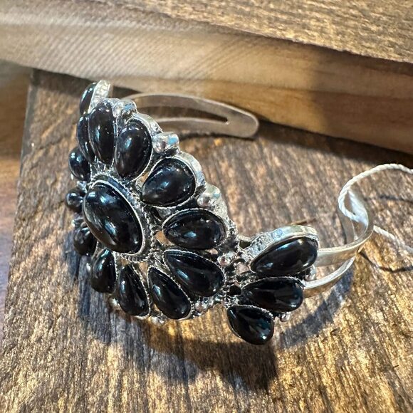 Handmade Boho Black Gemstone Open Cuff Bangle Bracelet, Gift Box - Picture 3 of 4